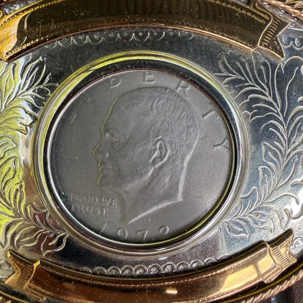 Vintage German Silver Belt Buckle 1972 Eisenhower Liberty One Dollar Coin